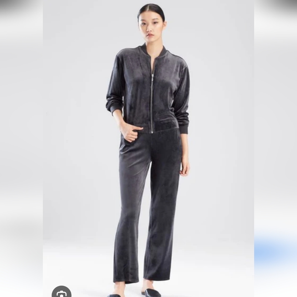 Natori Anthracite Athluxury Velour Tracksuit Pants Jacket Set XL (Bx22)